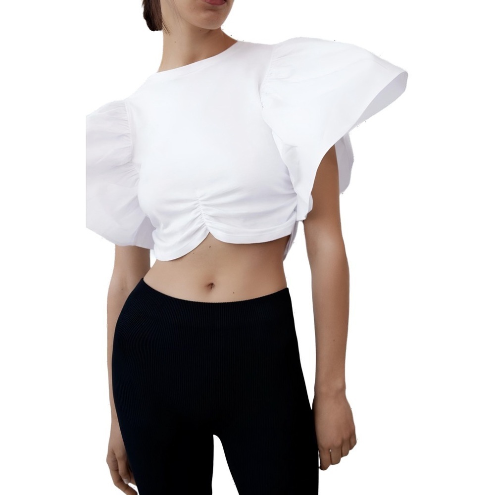 (NWOT) ZARA White Ruffled Crop Top | Puff Bell Sleeves Ruched Hem | Size Small - Picture 2 of 10